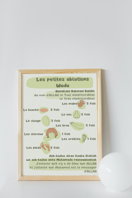 Tableau islamique vert pour apprendre les ablutions avec étapes numérotées, idéal pour enfants, adultes et reconvertis